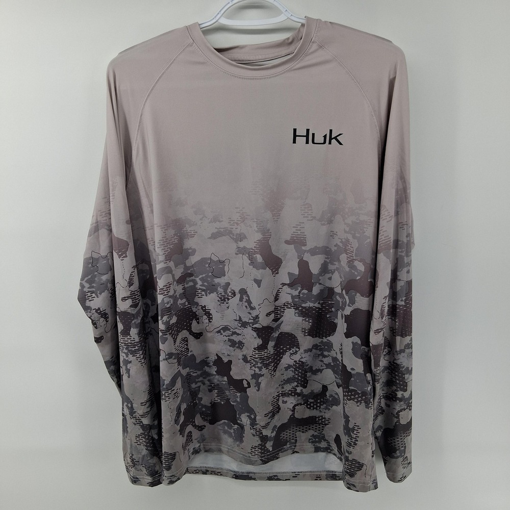 Huk Shirt Mens Medium Gray Camo Long Sleeve Fishing Performance Stretch Tagless